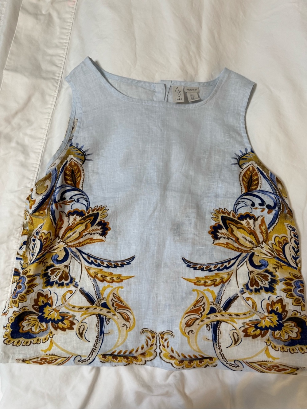 Joie Light Blue Linen Shell with Mustard Floral Accent